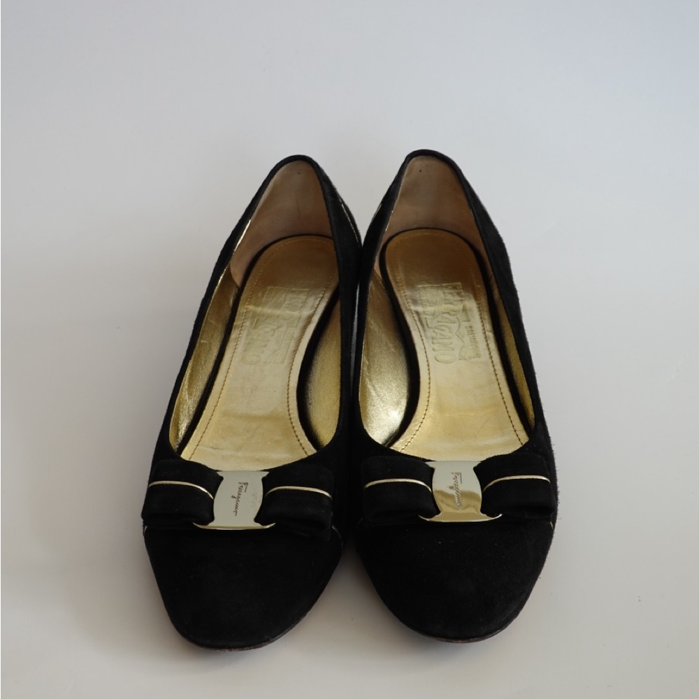 Salvatore Ferragamo Suede Black Heels with Gold Accents